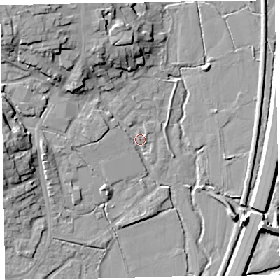 Shaded relief map of the ground around EX151DP, computed from Environment Agency LiDAR. The ground here sits at about 49 m above sea level and falls 18 m across the surrounding 800 m. Surface water reaching this point runs off ground lying to the north-west, 16.0 m higher.