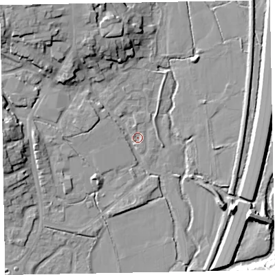 Shaded relief map of the ground around EX151DR, computed from Environment Agency LiDAR. The ground here sits at about 49 m above sea level and falls 18 m across the surrounding 800 m. Surface water reaching this point runs off ground lying to the north-west, 16.0 m higher.