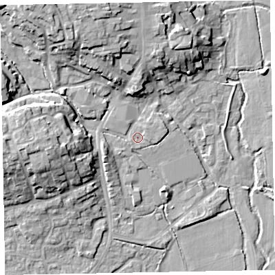 Shaded relief map of the ground around EX151DS, computed from Environment Agency LiDAR. The ground here sits at about 51 m above sea level and falls 20 m across the surrounding 800 m. Surface water reaching this point runs off ground lying to the north-west, 14.9 m higher.