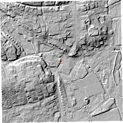 Shaded relief map of the ground around EX151DT, computed from Environment Agency LiDAR. The ground here sits at about 52 m above sea level and falls 25 m across the surrounding 800 m. Surface water reaching this point runs off ground lying to the north-north-west, 16.4 m higher.