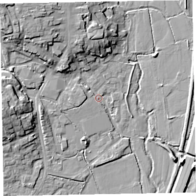 Shaded relief map of the ground around EX151DW, computed from Environment Agency LiDAR. The ground here sits at about 50 m above sea level and falls 20 m across the surrounding 800 m. Surface water reaching this point runs off ground lying to the north-west, 16.1 m higher.