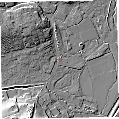 Shaded relief map of the ground around EX151DX, computed from Environment Agency LiDAR. The ground here sits at about 51 m above sea level and falls 29 m across the surrounding 800 m. Surface water reaching this point runs off ground lying to the north-west, 13.0 m higher.