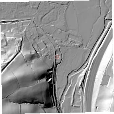 Shaded relief map of the ground around EX151EA, computed from Environment Agency LiDAR. The ground here sits at about 49 m above sea level and falls 61 m across the surrounding 800 m. Surface water reaching this point runs off ground lying to the west-south-west, 40.8 m higher.