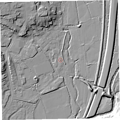 Shaded relief map of the ground around EX151ES, computed from Environment Agency LiDAR. The ground here sits at about 49 m above sea level and falls 19 m across the surrounding 800 m. Surface water reaching this point runs off ground lying to the north-north-west, 11.7 m higher.