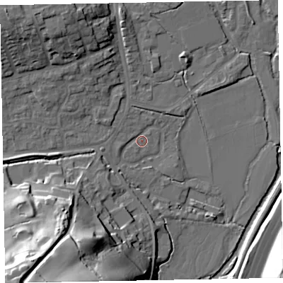 Shaded relief map of the ground around EX151ET, computed from Environment Agency LiDAR. The ground here sits at about 49 m above sea level and falls 49 m across the surrounding 800 m. Surface water reaching this point runs off ground lying to the south-west, 45.6 m higher.