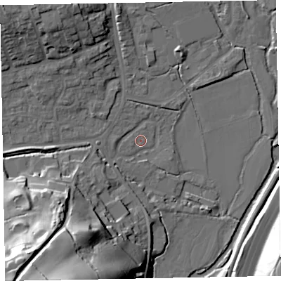 Shaded relief map of the ground around EX151EU, computed from Environment Agency LiDAR. The ground here sits at about 49 m above sea level and falls 51 m across the surrounding 800 m. Surface water reaching this point runs off ground lying to the west, 0.7 m higher.