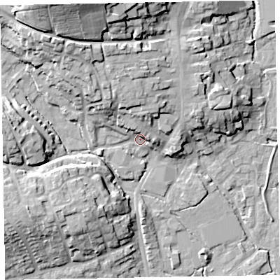 Shaded relief map of the ground around EX151EW, computed from Environment Agency LiDAR. The ground here sits at about 55 m above sea level and falls 31 m across the surrounding 800 m. Surface water reaching this point runs off ground lying to the north, 5.2 m higher.