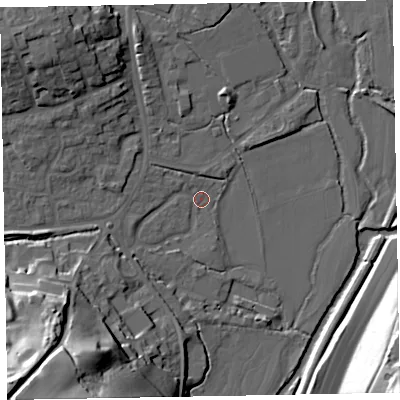 Shaded relief map of the ground around EX151EX, computed from Environment Agency LiDAR. The ground here sits at about 49 m above sea level and falls 46 m across the surrounding 800 m. Surface water reaching this point runs off ground lying to the south-west, 43.6 m higher.