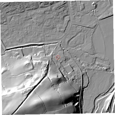 Shaded relief map of the ground around EX151FD, computed from Environment Agency LiDAR. The ground here sits at about 54 m above sea level and falls 65 m across the surrounding 800 m. Surface water reaching this point runs off ground lying to the south-west, 55.7 m higher.