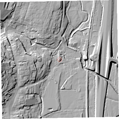 Shaded relief map of the ground around EX151FR, computed from Environment Agency LiDAR. The ground here sits at about 53 m above sea level and falls 25 m across the surrounding 800 m. Surface water reaching this point runs off ground lying to the north-west, 18.8 m higher.