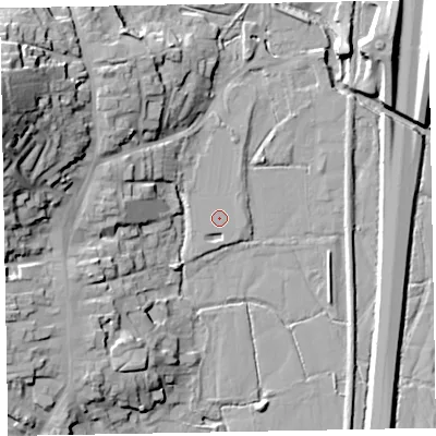 Shaded relief map of the ground around EX151FT, computed from Environment Agency LiDAR. The ground here sits at about 51 m above sea level and falls 34 m across the surrounding 800 m. Surface water reaching this point runs off ground lying to the west-north-west, 8.5 m higher.