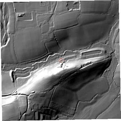 Shaded relief map of the ground around EX151GY, computed from Environment Agency LiDAR. The ground here sits at about 53 m above sea level and falls 42 m across the surrounding 800 m. Surface water reaching this point runs off ground lying to the south, 25.3 m higher.
