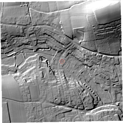 Shaded relief map of the ground around EX151JE, computed from Environment Agency LiDAR. The ground here sits at about 59 m above sea level and falls 43 m across the surrounding 800 m. Surface water reaching this point runs off ground lying to the north-east, 36.3 m higher.
