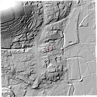 Shaded relief map of the ground around EX151JP, computed from Environment Agency LiDAR. The ground here sits at about 57 m above sea level and falls 48 m across the surrounding 800 m. Surface water reaching this point runs off ground lying to the west, 8.8 m higher.