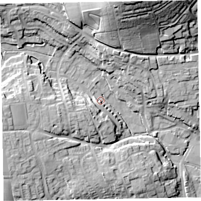Shaded relief map of the ground around EX151LG, computed from Environment Agency LiDAR. The ground here sits at about 57 m above sea level and falls 41 m across the surrounding 800 m. Surface water reaching this point runs off ground lying to the west-south-west, 11.7 m higher.