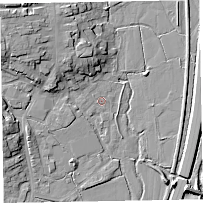 Shaded relief map of the ground around EX151LH, computed from Environment Agency LiDAR. The ground here sits at about 50 m above sea level and falls 20 m across the surrounding 800 m. Surface water reaching this point runs off ground lying to the west, 1.7 m higher.