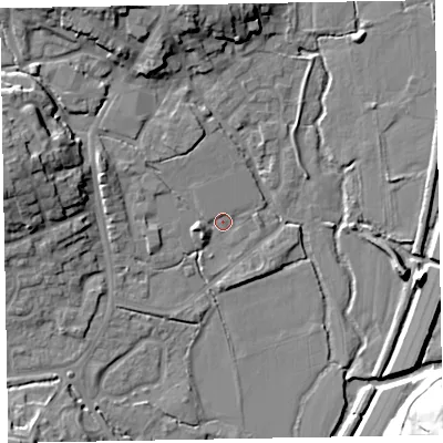 Shaded relief map of the ground around EX151LL, computed from Environment Agency LiDAR. The ground here sits at about 49 m above sea level and falls 25 m across the surrounding 800 m. Surface water reaching this point runs off ground lying to the west-north-west, 5.8 m higher.