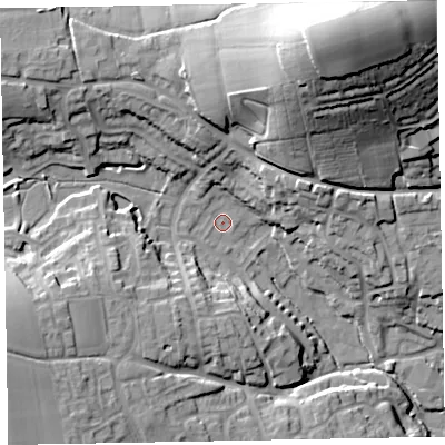 Shaded relief map of the ground around EX151LQ, computed from Environment Agency LiDAR. The ground here sits at about 58 m above sea level and falls 44 m across the surrounding 800 m. Surface water reaching this point runs off ground lying to the north-north-east, 36.6 m higher.