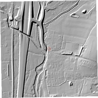 Shaded relief map of the ground around EX151NT, computed from Environment Agency LiDAR. The ground here sits at about 51 m above sea level and falls 17 m across the surrounding 800 m. Surface water reaching this point runs off ground lying to the east, 16.8 m higher.