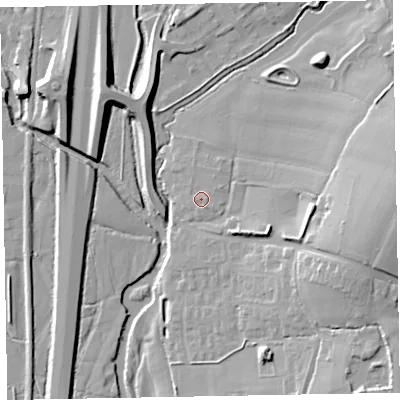Shaded relief map of the ground around EX151NU, computed from Environment Agency LiDAR. The ground here sits at about 52 m above sea level and falls 18 m across the surrounding 800 m. Surface water reaching this point runs off ground lying to the east-north-east, 1.2 m higher.