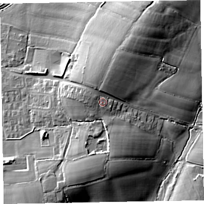 Shaded relief map of the ground around EX151PA, computed from Environment Agency LiDAR. The ground here sits at about 63 m above sea level and falls 17 m across the surrounding 800 m. Surface water reaching this point runs off ground lying to the north-north-west, 3.0 m higher.