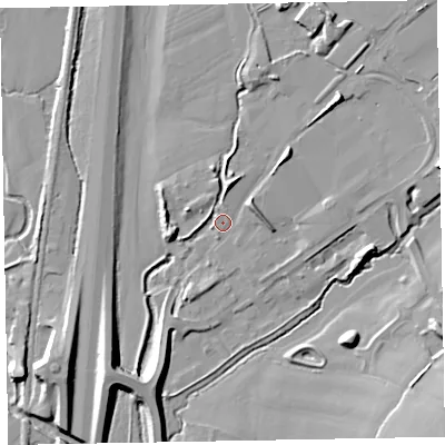 Shaded relief map of the ground around EX151QL, computed from Environment Agency LiDAR. The ground here sits at about 54 m above sea level and falls 16 m across the surrounding 800 m. Surface water reaching this point runs off ground lying to the south-west, 9.8 m higher.