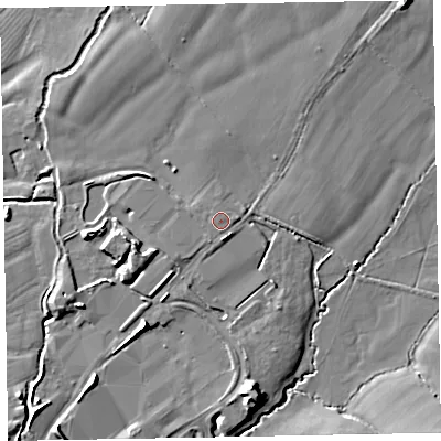 Shaded relief map of the ground around EX151QN, computed from Environment Agency LiDAR. The ground here sits at about 57 m above sea level and falls 9 m across the surrounding 800 m. Surface water reaching this point runs off ground lying to the south, 1.3 m higher.