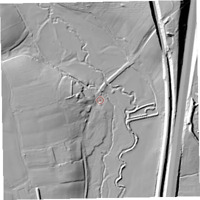Shaded relief map of the ground around EX151QP, computed from Environment Agency LiDAR. The ground here sits at about 56 m above sea level and falls 23 m across the surrounding 800 m. Surface water reaching this point runs off ground lying to the west, 10.2 m higher.