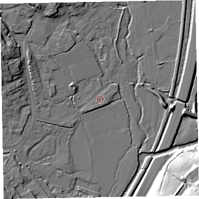 Shaded relief map of the ground around EX151QS, computed from Environment Agency LiDAR. The ground here sits at about 49 m above sea level and falls 37 m across the surrounding 800 m. Surface water reaching this point runs off ground lying to the south-west, 1.0 m higher.
