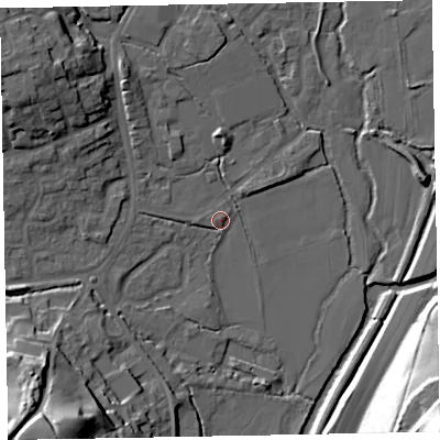 Shaded relief map of the ground around EX151QT, computed from Environment Agency LiDAR. The ground here sits at about 50 m above sea level and falls 40 m across the surrounding 800 m. Surface water reaching this point runs off ground lying to the west, 1.8 m higher.
