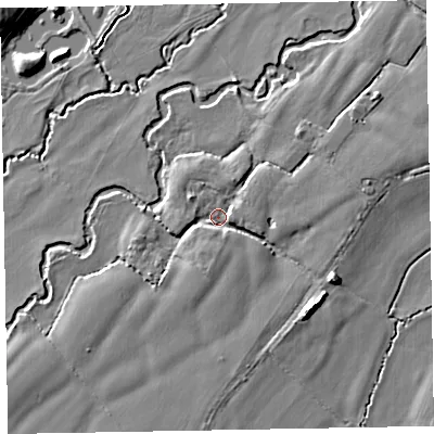 Shaded relief map of the ground around EX151QW, computed from Environment Agency LiDAR. The ground here sits at about 58 m above sea level and falls 7 m across the surrounding 800 m. Surface water reaching this point runs off ground lying to the east-south-east, 4.1 m higher.