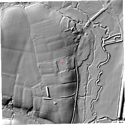 Shaded relief map of the ground around EX151QY, computed from Environment Agency LiDAR. The ground here sits at about 63 m above sea level and falls 18 m across the surrounding 800 m. Surface water reaching this point runs off ground lying to the west, 2.1 m higher.