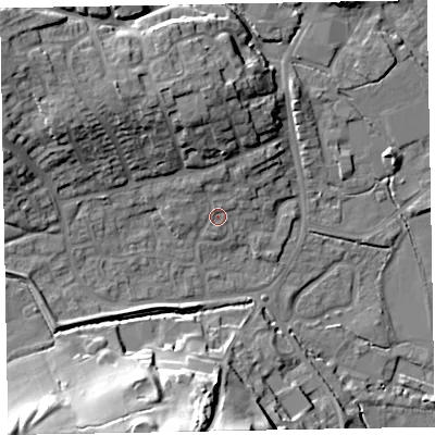 Shaded relief map of the ground around EX151RP, computed from Environment Agency LiDAR. The ground here sits at about 53 m above sea level and falls 30 m across the surrounding 800 m. Surface water reaching this point runs off ground lying to the north-north-west, 2.5 m higher.