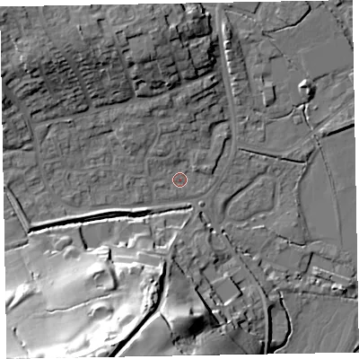 Shaded relief map of the ground around EX151RR, computed from Environment Agency LiDAR. The ground here sits at about 51 m above sea level and falls 47 m across the surrounding 800 m. Surface water reaching this point runs off ground lying to the north-west, 16.1 m higher.
