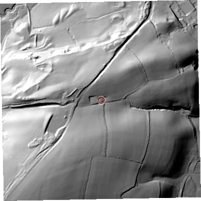 Shaded relief map of the ground around EX151RU, computed from Environment Agency LiDAR. The ground here sits at about 101 m above sea level and falls 75 m across the surrounding 800 m. Surface water reaching this point runs off ground lying to the south-south-west, 22.5 m higher.