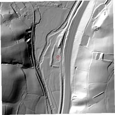 Shaded relief map of the ground around EX151RX, computed from Environment Agency LiDAR. The ground here sits at about 47 m above sea level and falls 58 m across the surrounding 800 m. Surface water reaching this point runs off ground lying to the north, 7.7 m higher.