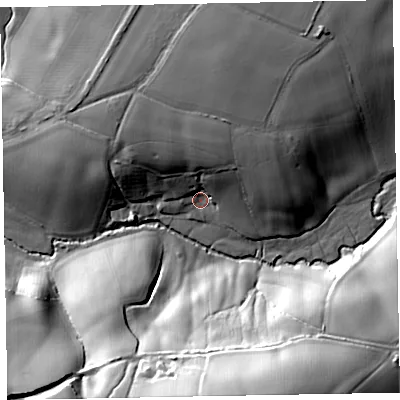 Shaded relief map of the ground around EX151SB, computed from Environment Agency LiDAR. The ground here sits at about 45 m above sea level and falls 48 m across the surrounding 800 m. Surface water reaching this point runs off ground lying to the north-north-east, 12.4 m higher.