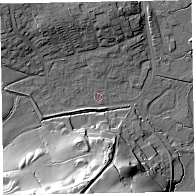 Shaded relief map of the ground around EX151SH, computed from Environment Agency LiDAR. The ground here sits at about 52 m above sea level and falls 47 m across the surrounding 800 m. Surface water reaching this point runs off ground lying to the west-north-west, 1.7 m higher.