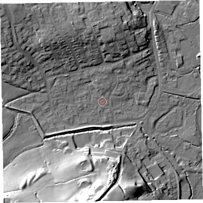 Shaded relief map of the ground around EX151SJ, computed from Environment Agency LiDAR. The ground here sits at about 53 m above sea level and falls 42 m across the surrounding 800 m. Surface water reaching this point runs off ground lying to the north-west, 16.4 m higher.