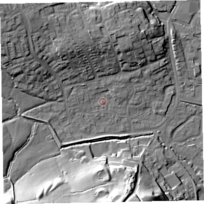 Shaded relief map of the ground around EX151SL, computed from Environment Agency LiDAR. The ground here sits at about 54 m above sea level and falls 34 m across the surrounding 800 m. Surface water reaching this point runs off ground lying to the north-west, 17.4 m higher.