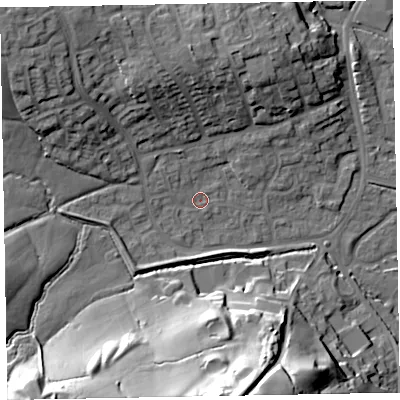 Shaded relief map of the ground around EX151SN, computed from Environment Agency LiDAR. The ground here sits at about 54 m above sea level and falls 38 m across the surrounding 800 m. Surface water reaching this point runs off ground lying to the west-north-west, 5.9 m higher.