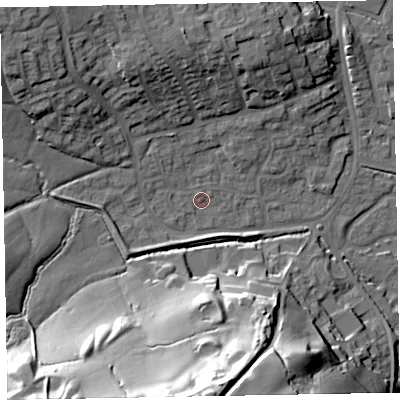 Shaded relief map of the ground around EX151SR, computed from Environment Agency LiDAR. The ground here sits at about 54 m above sea level and falls 45 m across the surrounding 800 m. Surface water reaching this point runs off ground lying to the north-west, 5.9 m higher.