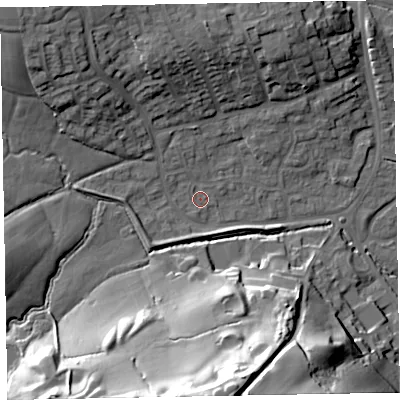 Shaded relief map of the ground around EX151SS, computed from Environment Agency LiDAR. The ground here sits at about 54 m above sea level and falls 45 m across the surrounding 800 m. Surface water reaching this point runs off ground lying to the north-west, 1.5 m higher.