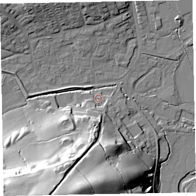 Shaded relief map of the ground around EX151TN, computed from Environment Agency LiDAR. The ground here sits at about 54 m above sea level and falls 59 m across the surrounding 800 m. Surface water reaching this point runs off ground lying to the south-south-west, 13.2 m higher.