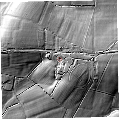 Shaded relief map of the ground around EX151WH, computed from Environment Agency LiDAR. The ground here sits at about 70 m above sea level and falls 24 m across the surrounding 800 m. Surface water reaching this point runs off ground lying to the east-south-east, 4.9 m higher.