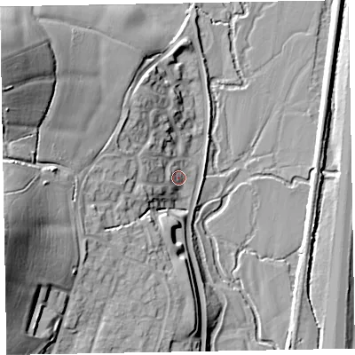 Shaded relief map of the ground around EX151XF, computed from Environment Agency LiDAR. The ground here sits at about 56 m above sea level and falls 31 m across the surrounding 800 m. Surface water reaching this point runs off ground lying to the west-south-west, 25.6 m higher.