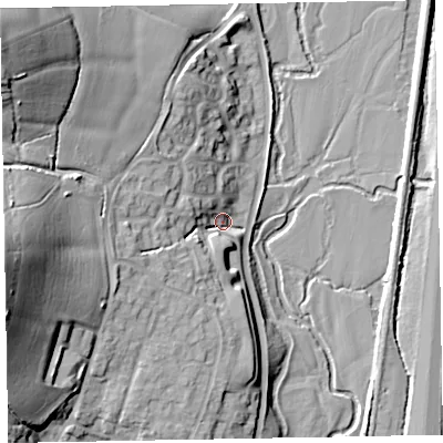 Shaded relief map of the ground around EX151XG, computed from Environment Agency LiDAR. The ground here sits at about 56 m above sea level and falls 33 m across the surrounding 800 m. Surface water reaching this point runs off ground lying to the west-south-west, 11.7 m higher.