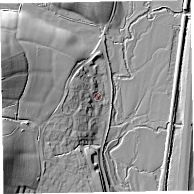 Shaded relief map of the ground around EX151XJ, computed from Environment Agency LiDAR. The ground here sits at about 56 m above sea level and falls 29 m across the surrounding 800 m. Surface water reaching this point runs off ground lying to the west-north-west, 8.4 m higher.