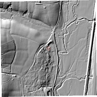 Shaded relief map of the ground around EX151XN, computed from Environment Agency LiDAR. The ground here sits at about 57 m above sea level and falls 30 m across the surrounding 800 m. Surface water reaching this point runs off ground lying to the west-south-west, 5.4 m higher.