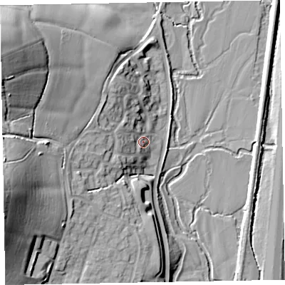 Shaded relief map of the ground around EX151XQ, computed from Environment Agency LiDAR. The ground here sits at about 57 m above sea level and falls 31 m across the surrounding 800 m. Surface water reaching this point runs off ground lying to the west-north-west, 5.2 m higher.